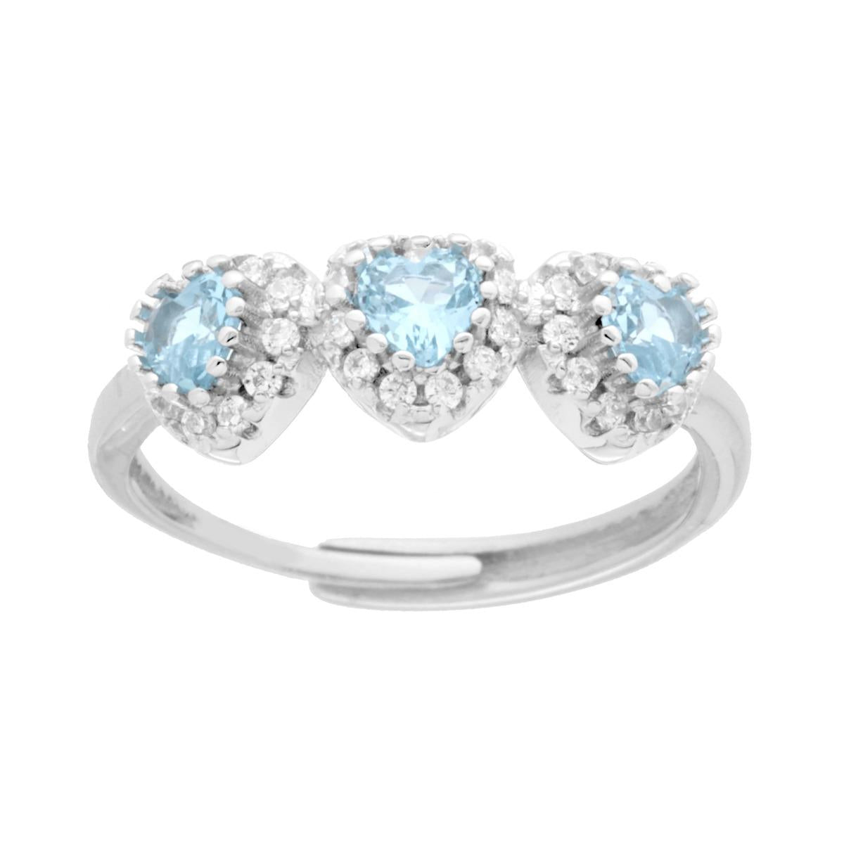 Anello Trilogy Cuori Zirconi Acquamarina contornati da Zirconi Bianchi in ARGENTO 925 Galvanica Rodio