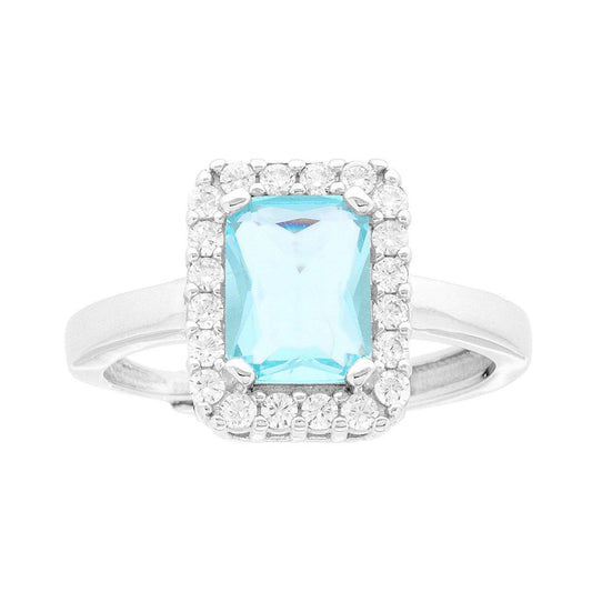 Anello Halo Solitario Rettangolare Zircone Acquamarina contornato da Zirconi Bianchi in ARGENTO 925 Galvanica Rodio