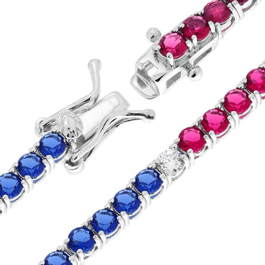Bracciale Tennis Griffe cm 20 con Zirconi mm 3 alternati Rosso Rubino e Blu Zaffiro in ARGENTO 925 Galvanica Rodio