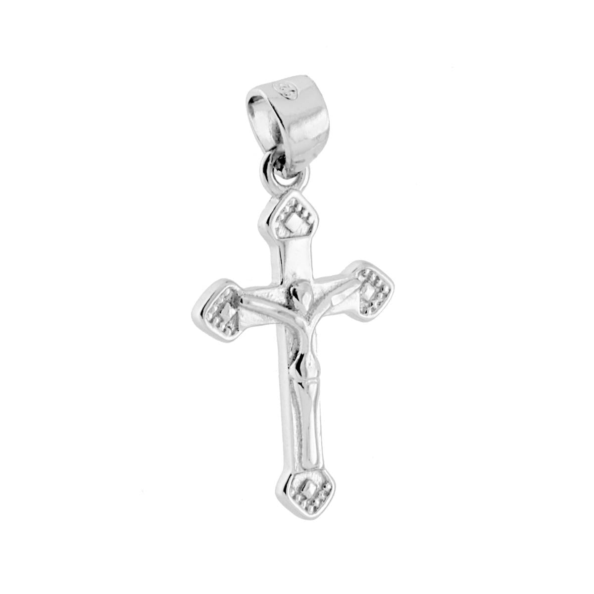 Ciondolo a forma di croce con Cristo con finitura lucida.<BR>