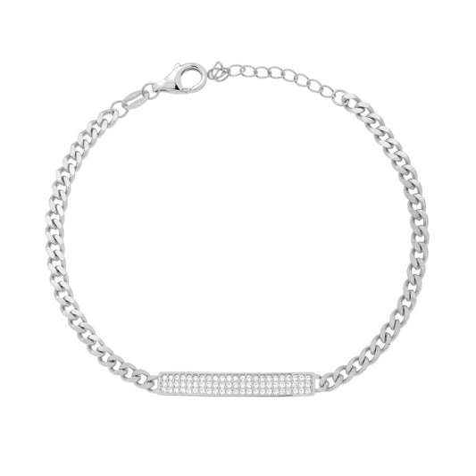 Bracciale Catena Grumetta Targa con Cubic Zirconia Bianchi in ARGENTO 925 Galvanica Rodio