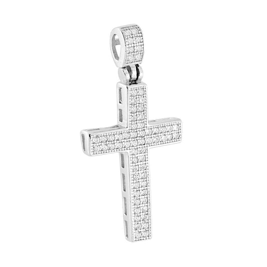 Ciondolo a forma di croce con cubic zirconia bianchi incastonati.