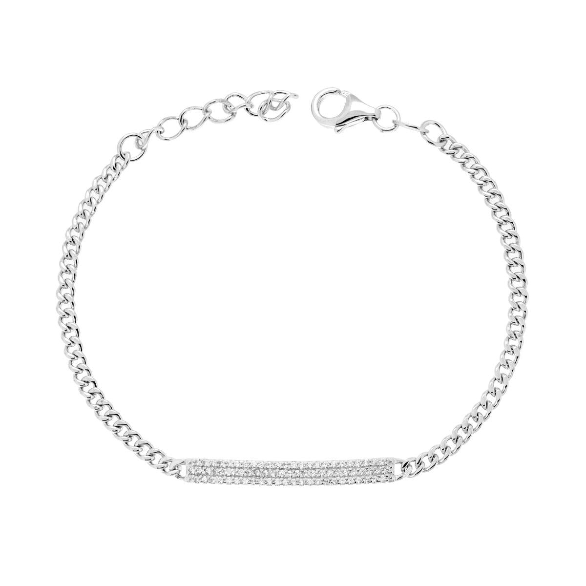 Bracciale Catena Grumetta Targa con Cubic Zirconia Bianchi in ARGENTO 925 Galvanica Rodio
