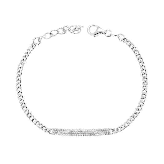 Bracciale Catena Grumetta Targa con Cubic Zirconia Bianchi in ARGENTO 925 Galvanica Rodio