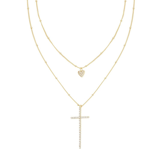 Collana due fili Catena Grumetta Diamantata con Cuore e Croce pendenti con Cubic Zirconia Bianchi in ARGENTO 925 Galvanica Oro