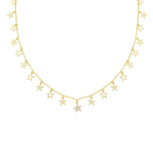 Collana Catena Forzatina Diamantata con Stelle pendenti plain e Cubic Zirconia Bianchi in ARGENTO 925 Galvanica Oro