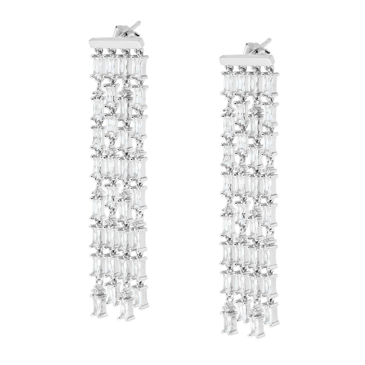 Orecchini Lunghi Pendenti Chandelier con Cubic Zirconia Bianchi taglio Baguette in ARGENTO 925 Galvanica Rodio