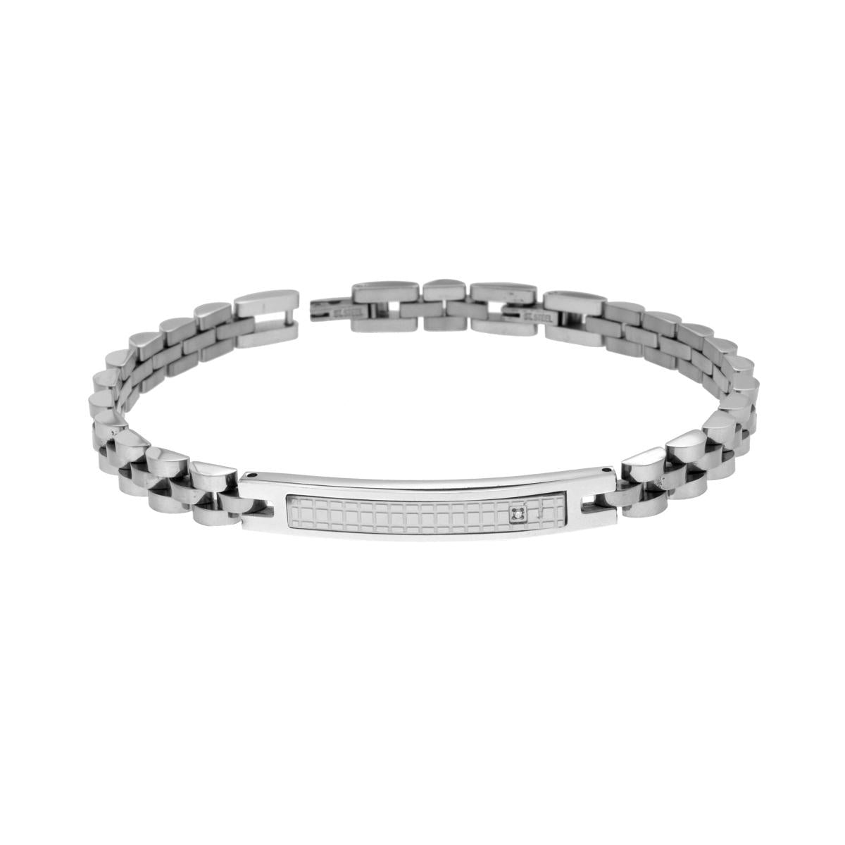 Bracciale Uomo Catena Imperniata con Targa decoro Geometrico e Crystal Bianco in ACCIAIO