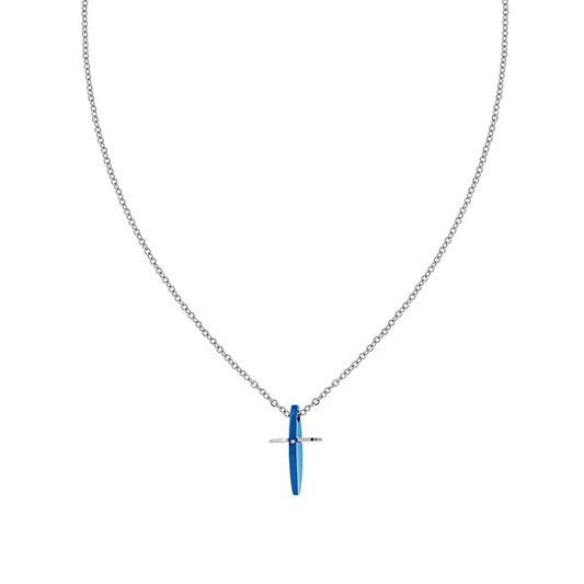 Collana Catena Forzatina Diamantata con Croce pendente con dettaglio colore Blu con Crystal Bianco in ACCIAIO