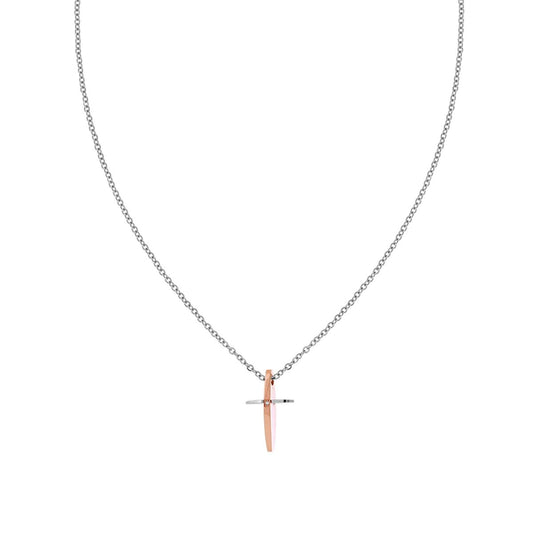 Collana Catena Forzatina Diamantata con Croce pendente con dettaglio colore Rosa con Crystal Bianco in ACCIAIO