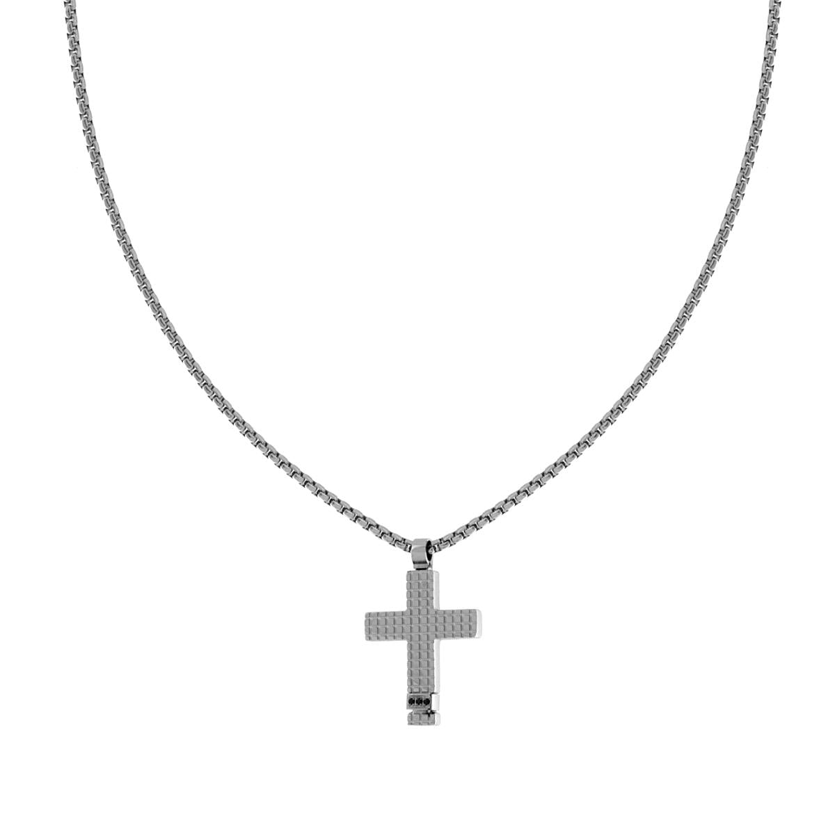 Collana Catena Veneziana tonda con Croce quadrettata pendente e Crystal Neri in ACCIAIO