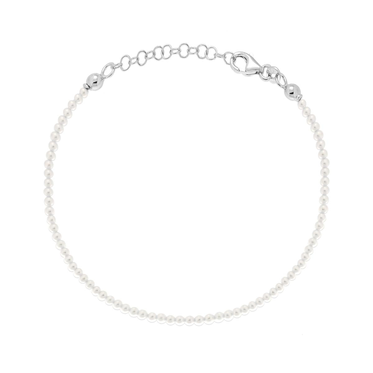 Bracciale Perla mm 2 in Vetro perlato con filo e chiusura in ARGENTO 925 Galvanica Rodio