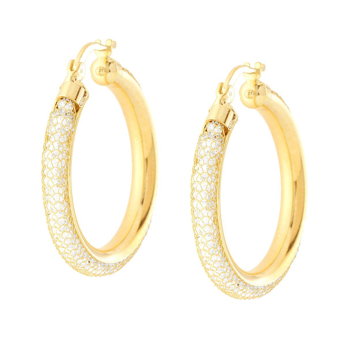 Orecchini Cerchio maglia Calza con Cubic Zirconia Bianchi in ARGENTO 925 Galvanica Oro