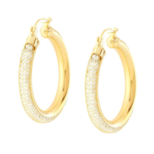 Orecchini Cerchio maglia Calza con Cubic Zirconia Bianchi in ARGENTO 925 Galvanica Oro