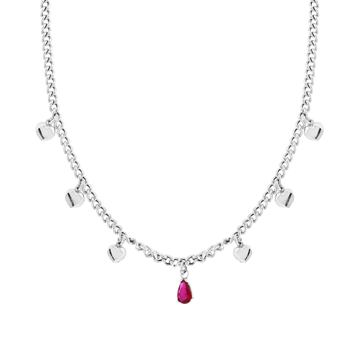 Collana Catena Grumetta con Cuori e Goccia Cubic Zirconia Rosso Rubino pendenti in ARGENTO 925 Galvanica Rodio