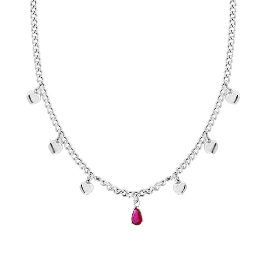 Collana Catena Grumetta con Cuori e Goccia Cubic Zirconia Rosso Rubino pendenti in ARGENTO 925 Galvanica Rodio