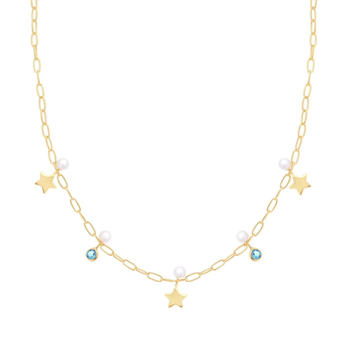 Collana Catena Forzatina allungata con Stelle Perle vetro perlato e Cubic Zirconia Acquamarina in ARGENTO 925 Galvanica Oro