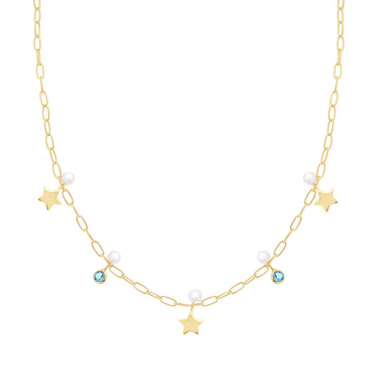 Collana Catena Forzatina allungata con Stelle Perle vetro perlato e Cubic Zirconia Acquamarina in ARGENTO 925 Galvanica Oro