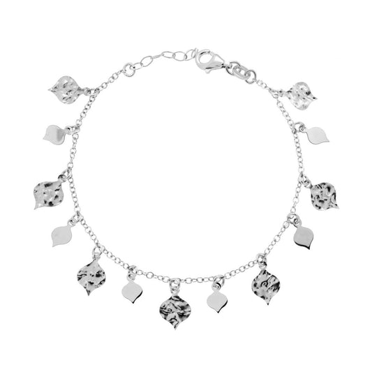 Bracciale Catena Rolo Diamantata con Foglie lisce e martellate pendenti in ARGENTO 925 Galvanica Rodio