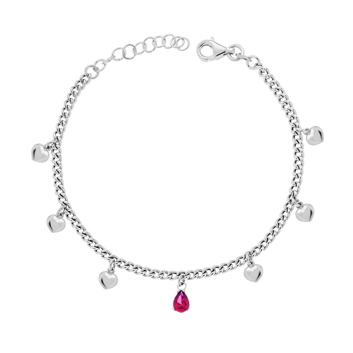 Bracciale Catena Grumetta con Cuori e Goccia Cubic Zirconia Rosso Rubino pendenti in ARGENTO 925 Galvanica Rodio