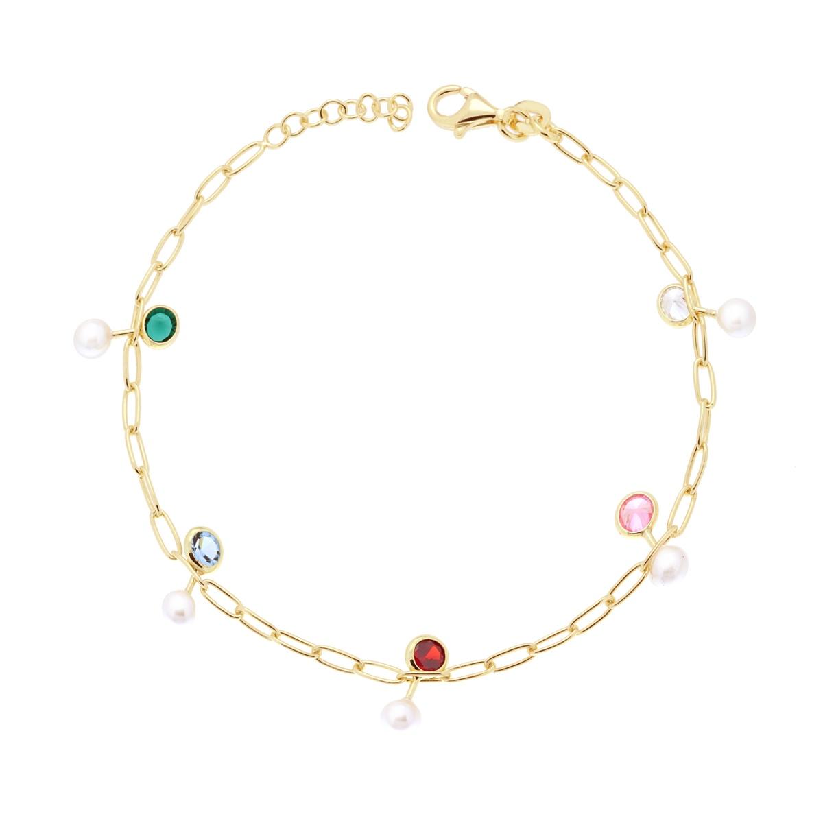 Bracciale Catena Forzatina Allungata con Perle vetro perlato e Cubic Zirconia Multicolor pendenti in ARGENTO 925 Galvanica Oro