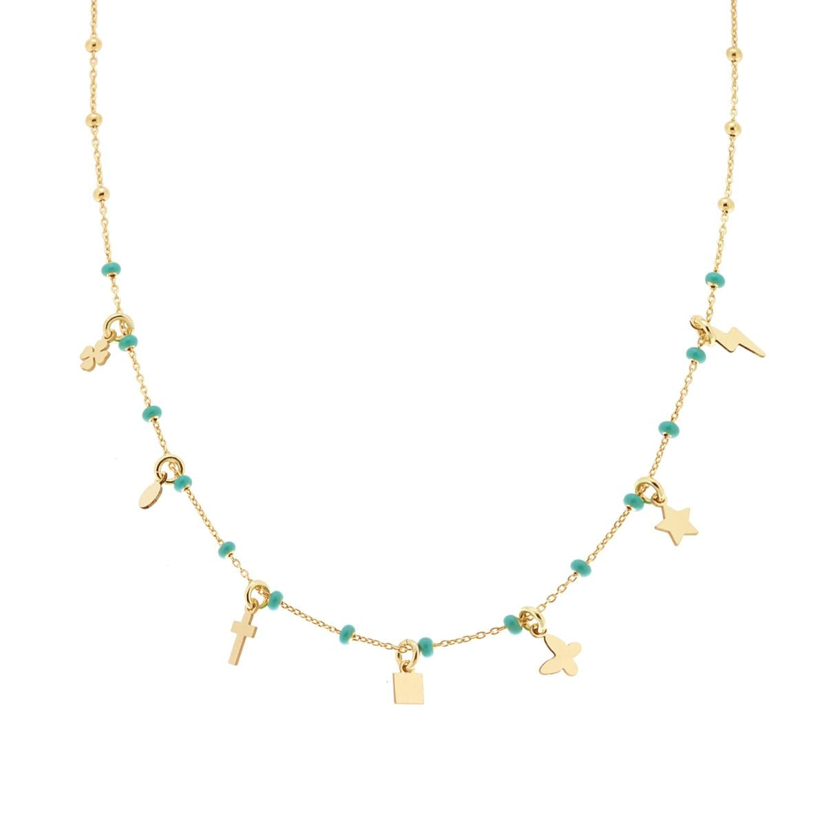 Collana Catena Forzatina Diamantata con Palline smaltate Verde e Charms pendenti in ARGENTO 925 Galvanica Oro