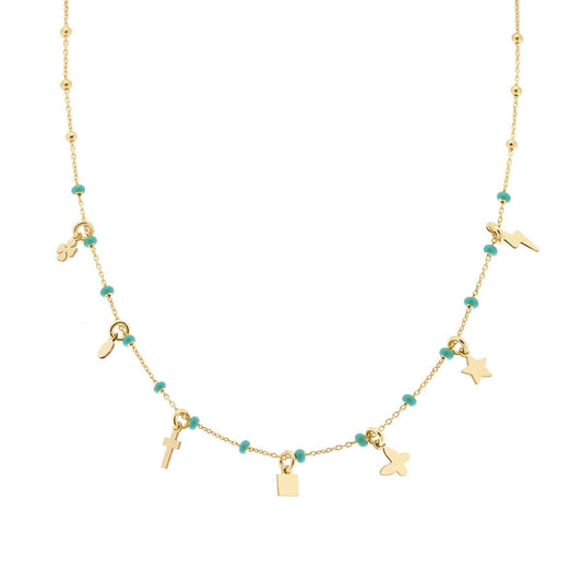 Collana Catena Forzatina Diamantata con Palline smaltate Verde e Charms pendenti in ARGENTO 925 Galvanica Oro
