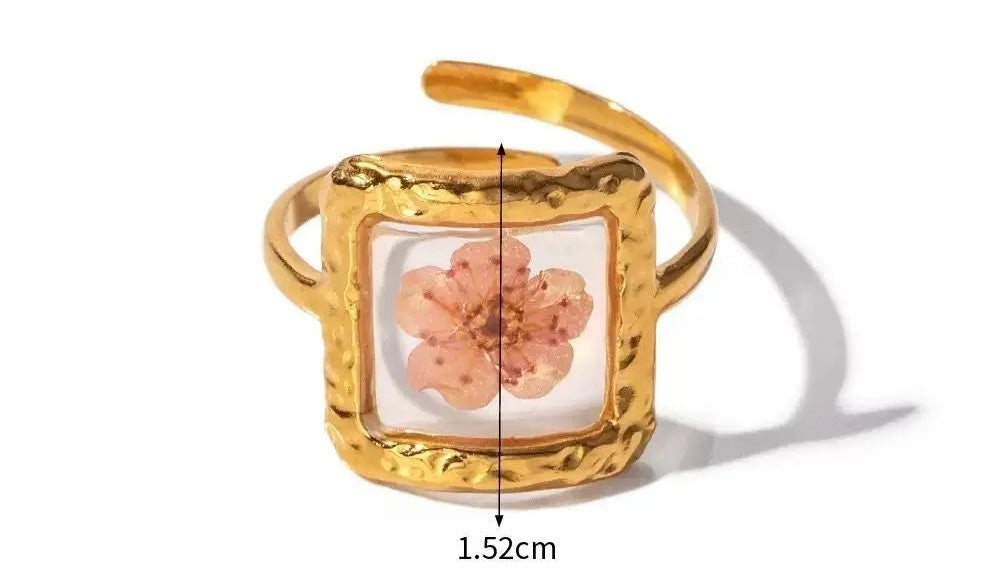 Anello Donna in Acciaio Inossidabile con Fiori Veri Essiccati