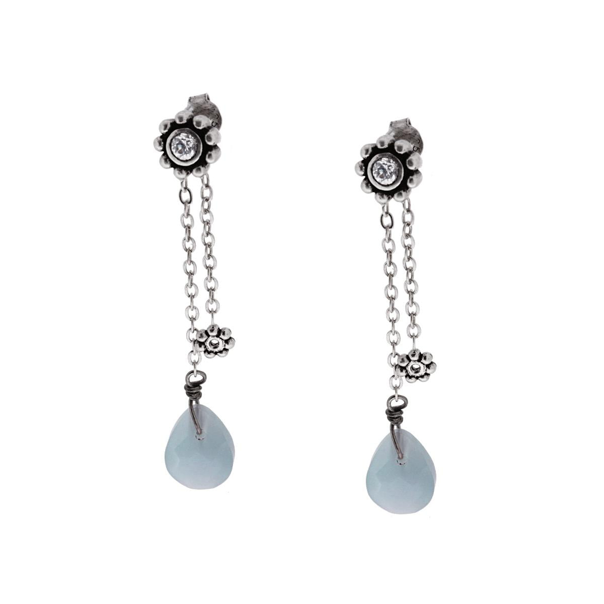 Orecchini Etnici Due Pendenti con Fiore Zircone Bianco e Pietra Naturale Goccia Calcedonio in ARGENTO 925