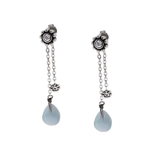 Orecchini Etnici Due Pendenti con Fiore Zircone Bianco e Pietra Naturale Goccia Calcedonio in ARGENTO 925