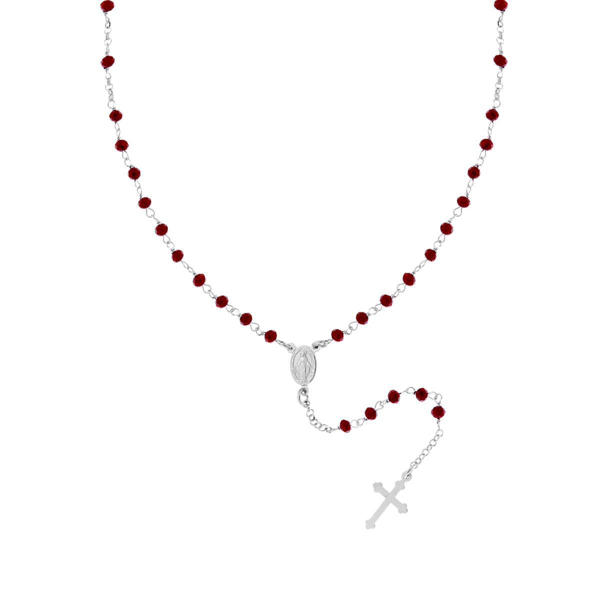 Collana Rosario cm 50 con Crystal Rosso Scuro mm 3.5 in ARGENTO 925 Galvanica Rodio