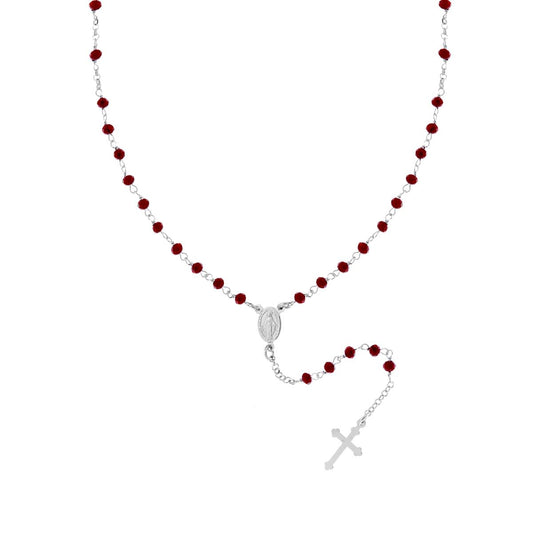 Collana Rosario cm 50 con Crystal Rosso Scuro mm 3.5 in ARGENTO 925 Galvanica Rodio