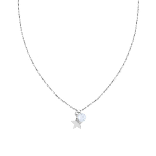 Collana Catena a Forzatina Diamantata con Stella plain e Tondo Crystal Bianco pendente in ARGENTO 925 Galvanica Rodio