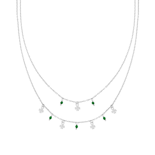 Collana due fili Catena Forzatina Diamantata con Trifogli plain e Crystal Verde Smeraldo pendente in ARGENTO 925 Galvanica Rodio