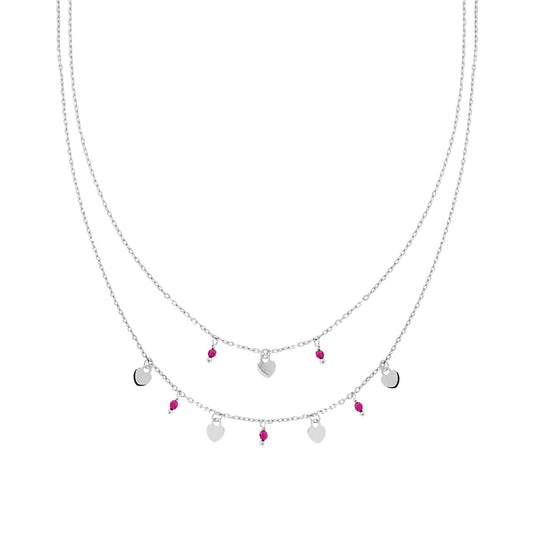 Collana due fili Catena Forzatina Diamantata con Cuori plain e Crystal Rosso Rubino pendente in ARGENTO 925 Galvanica Rodio
