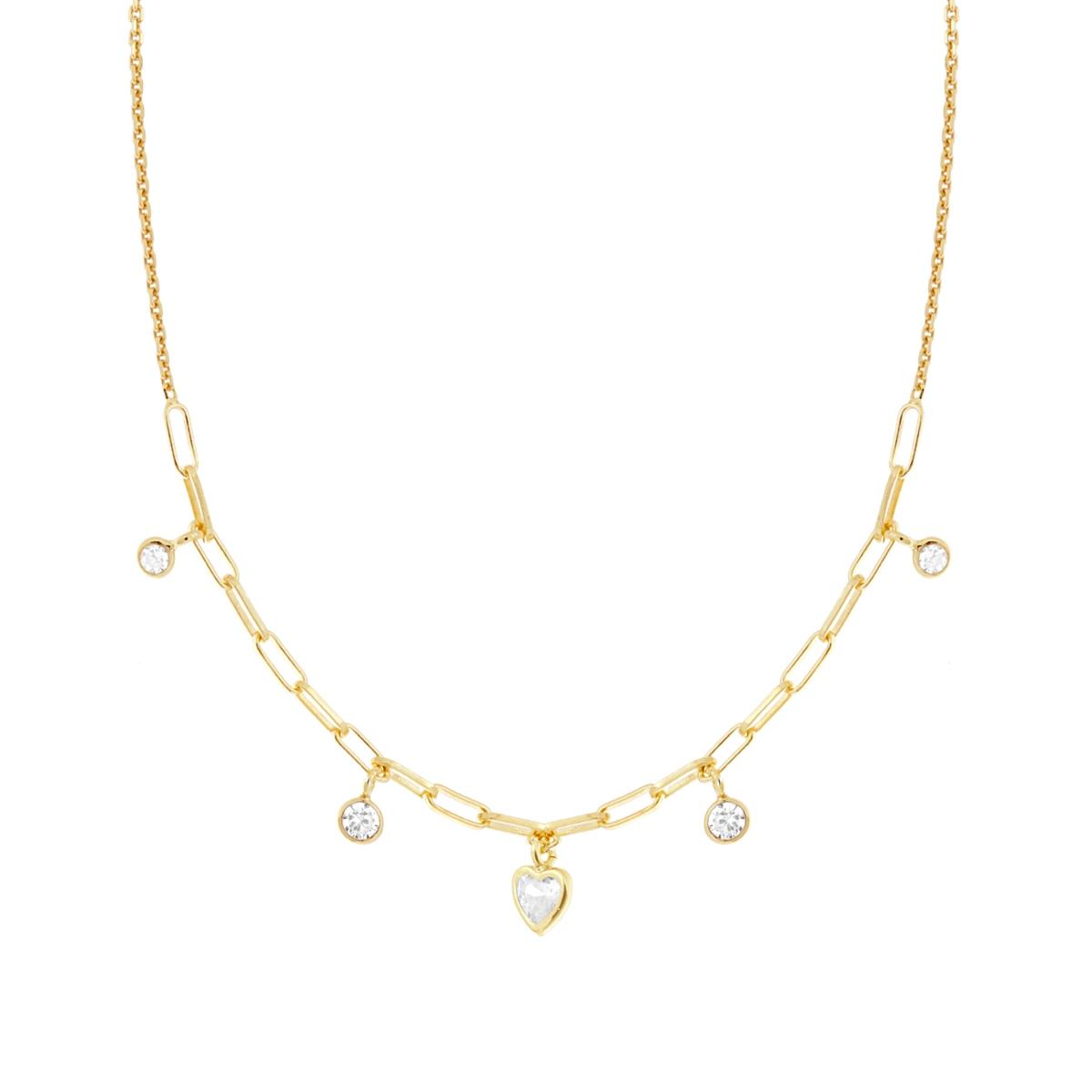 Collana Catena Rolo Diamantata con Cuore e Tondi Cubic Zirconia Bianchi pendenti in ARGENTO 925 Galvanica Oro