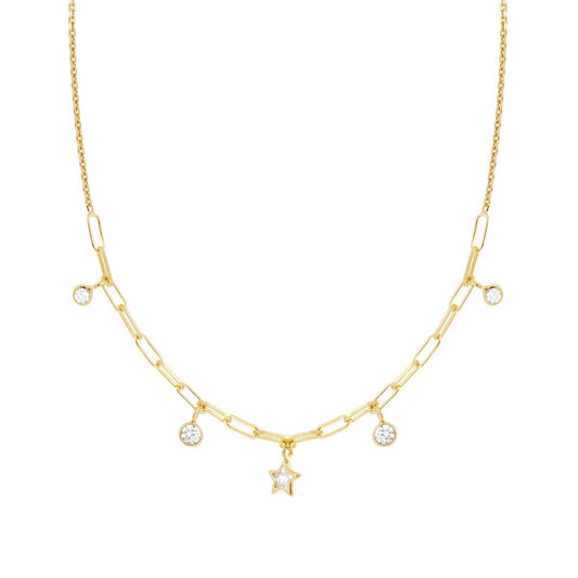 Collana Catena Rolo Diamantata con Stelle e Tondi Cubic Zirconia Bianchi pendenti in ARGENTO 925 Galvanica Oro