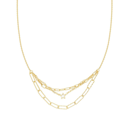 Collana Catena Forzatina Diamantata con centrale Multifili e Stella Cubic Zirconia Bianco pendenti in ARGENTO 925 Galvanica Oro