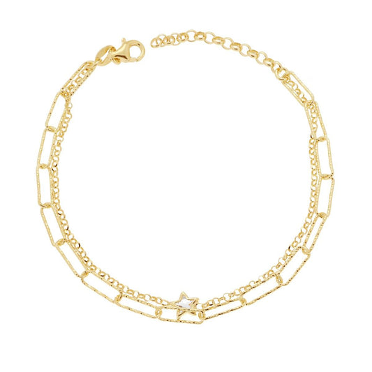 Bracciale due fili Catena Forzatina Rada e Rolo Diamantata con Stella Cubic Zirconia Bianco in ARGENTO 925 Galvanica Oro