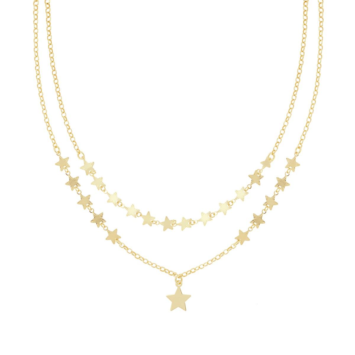 Collana due fili Catena Rolo con Stelle Diamantate e Lisce in ARGENTO 925 Galvanica Oro