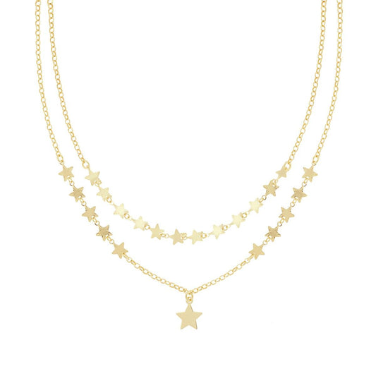 Collana due fili Catena Rolo con Stelle Diamantate e Lisce in ARGENTO 925 Galvanica Oro