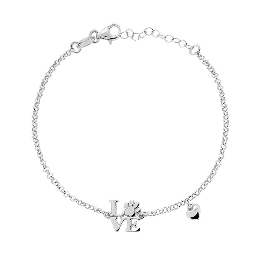 Bracciale Catena Rolo Diamantata con scritta Love Cuore pendente e Impronta Zampa di Cane in ARGENTO 925 Galvanica Rodio
