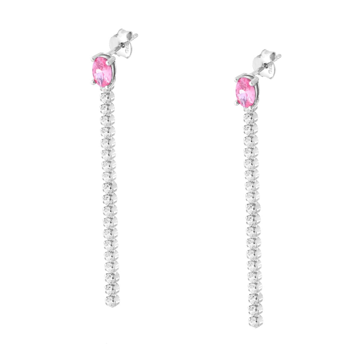 Orecchini Tennis con Ovale Rosa e Cubic Zirconia Bianchi in ARGENTO 925 Galvanica Rodio