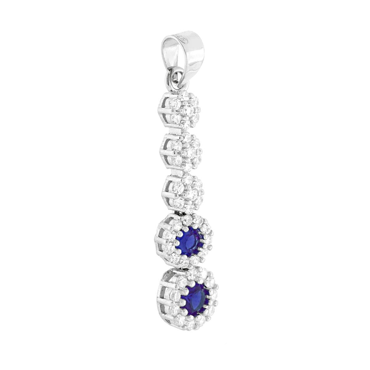 Ciondolo tennis con fiori pendenti composti da tondo Blu Zaffiro con cubic zirconia bianchi montati intorno.<BR>