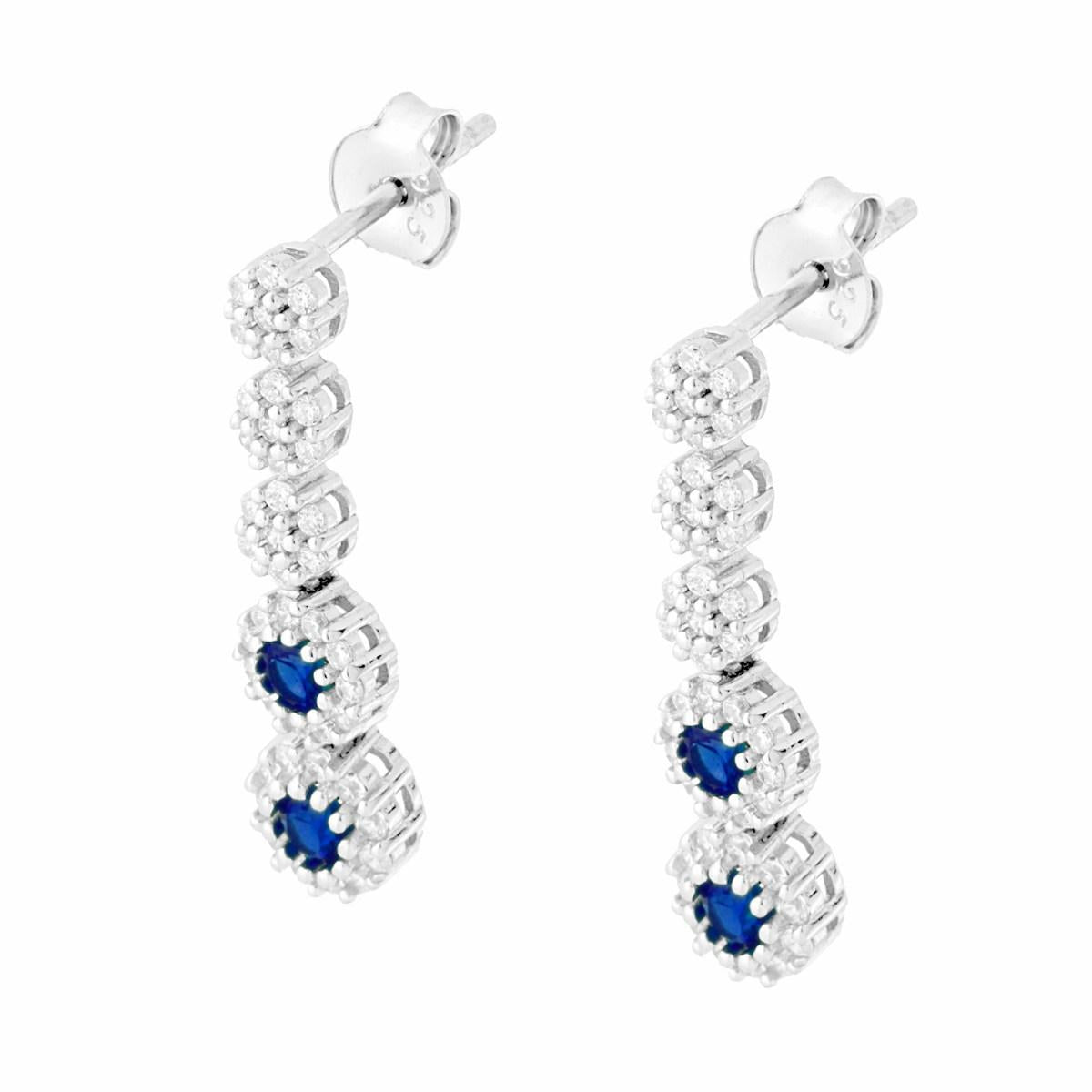 Orecchini Tennis Fiori con Tondi Blu Zaffiro contornati da Cubic Zirconia Bianchi in ARGENTO 925 Galvanica Rodio