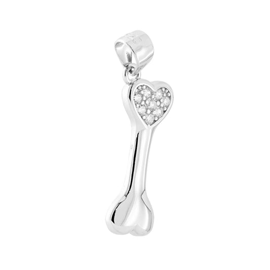 Ciondolo a forma di Osso per Cane con finitura liscia e lucida e cuore con cubic zirconia bianchi incastonati.