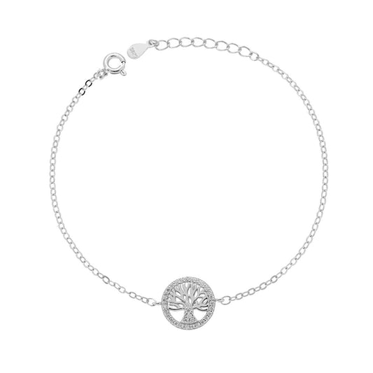 Bracciale Catena Forzatina Diamantata con Albero della Vita e Cubic Zirconia Bianchi in ARGENTO 925 Galvanica Rodio