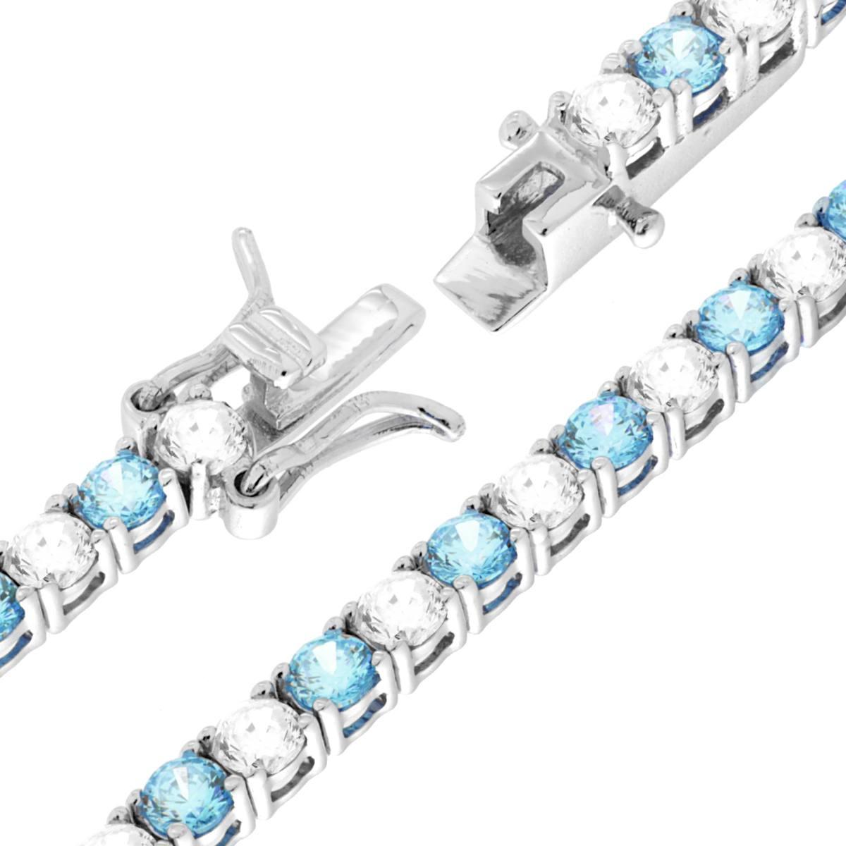 Bracciale Tennis Griffe cm 18 con Zirconi mm 3 Bianchi e Acquamarina alternati in ARGENTO 925 Galvanica Rodio