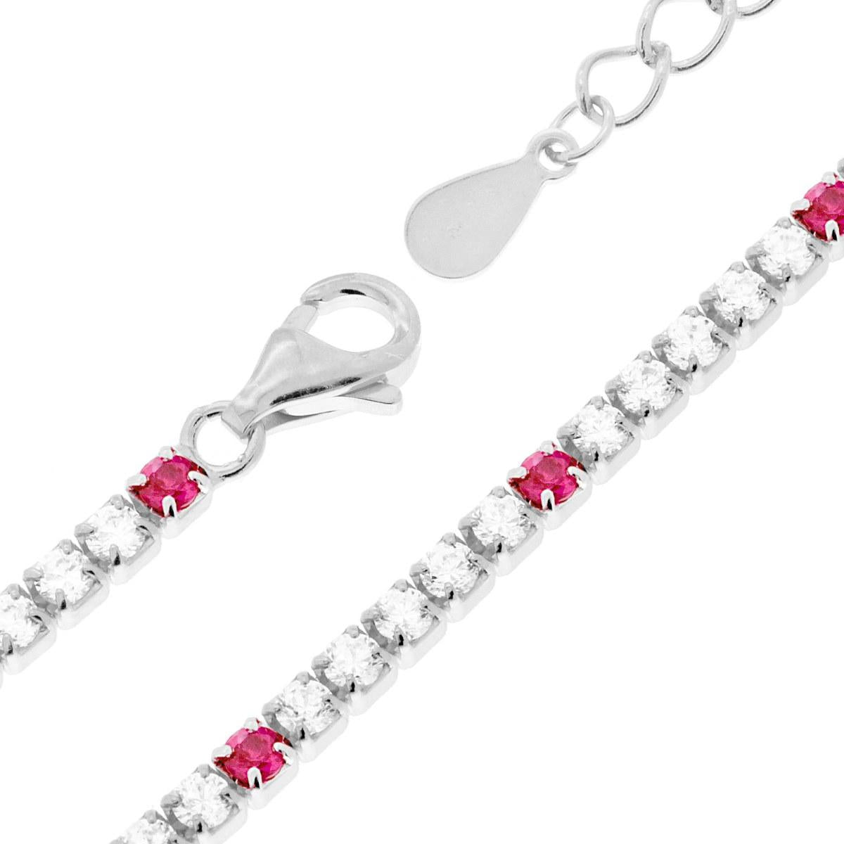 Bracciale Tennis Griffe cm 17+3 con Zirconi mm 2 Bianchi e Rosso Rubino alternati in ARGENTO 925 Galvanica Rodio