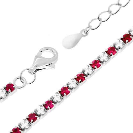 Bracciale Tennis Griffe cm 17+3 con Zirconi mm 2 Bianchi e Rosso Rubino alternati in ARGENTO 925 Galvanica Rodio